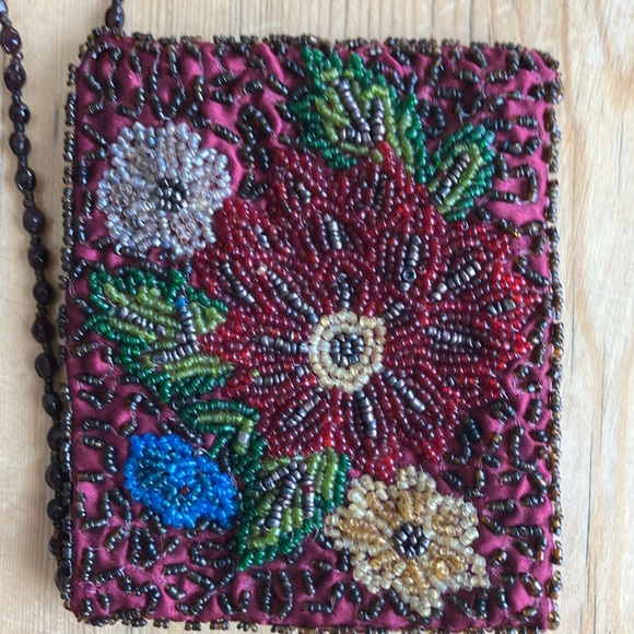 2/$30 Moyna 5”x4” Mini Beaded Bag Garnet Blue Emerald Champagne Floral Motif - Picture 8 of 12
